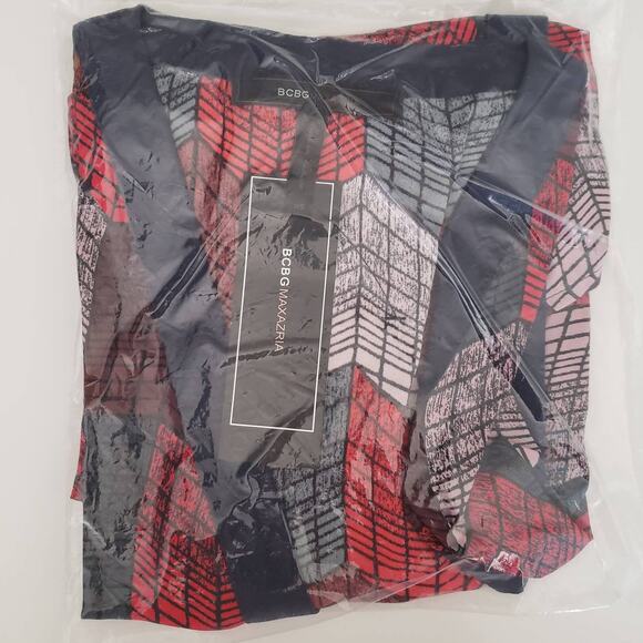 New BCBGMaxAzria XS Silky Wrap Peplum Blouse Top Geo Chevron Print Red Teal L/S - Picture 12 of 13